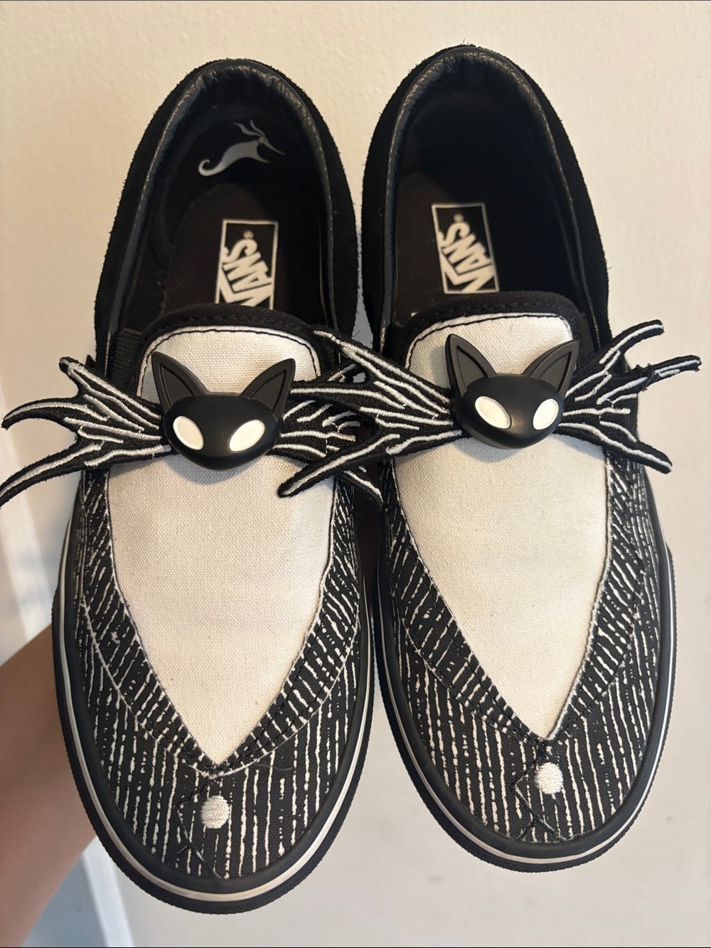 Vans Black and White Cat-Embellished Slip-On Sneakers
